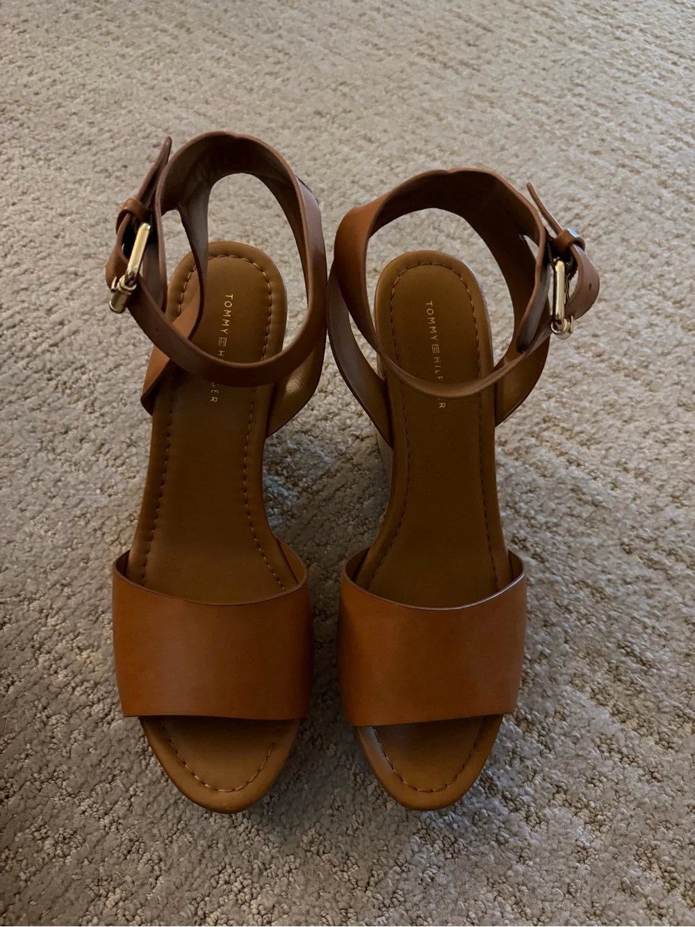 Tommy Hilfiger Cognac Leather Cork Wedge Sandals